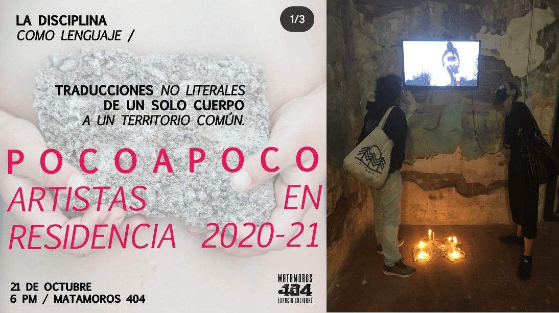 On the left, a poster announcing the exhibition of the audiovisual record of the performance. On the right, two people looking at the audiovisual recording of the performance at the opening of the exhibition. There are some candles on the floor under the TV.